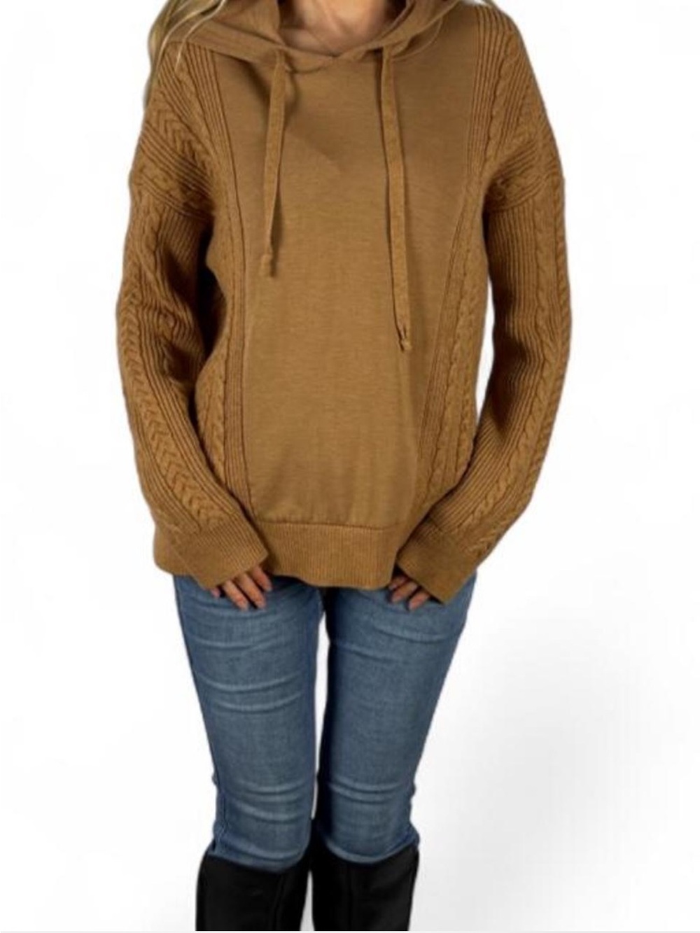 Cozy chunky knit fall Athleisure layering sweatshirt hoodie M tan Lou and Grey